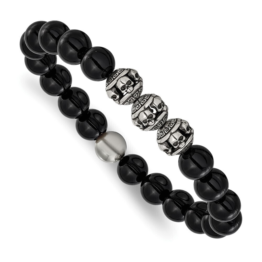 Kazi Luxury Steel Antiqued & Skull Beads & Black Onyx 7.5in Stretch Bracelet